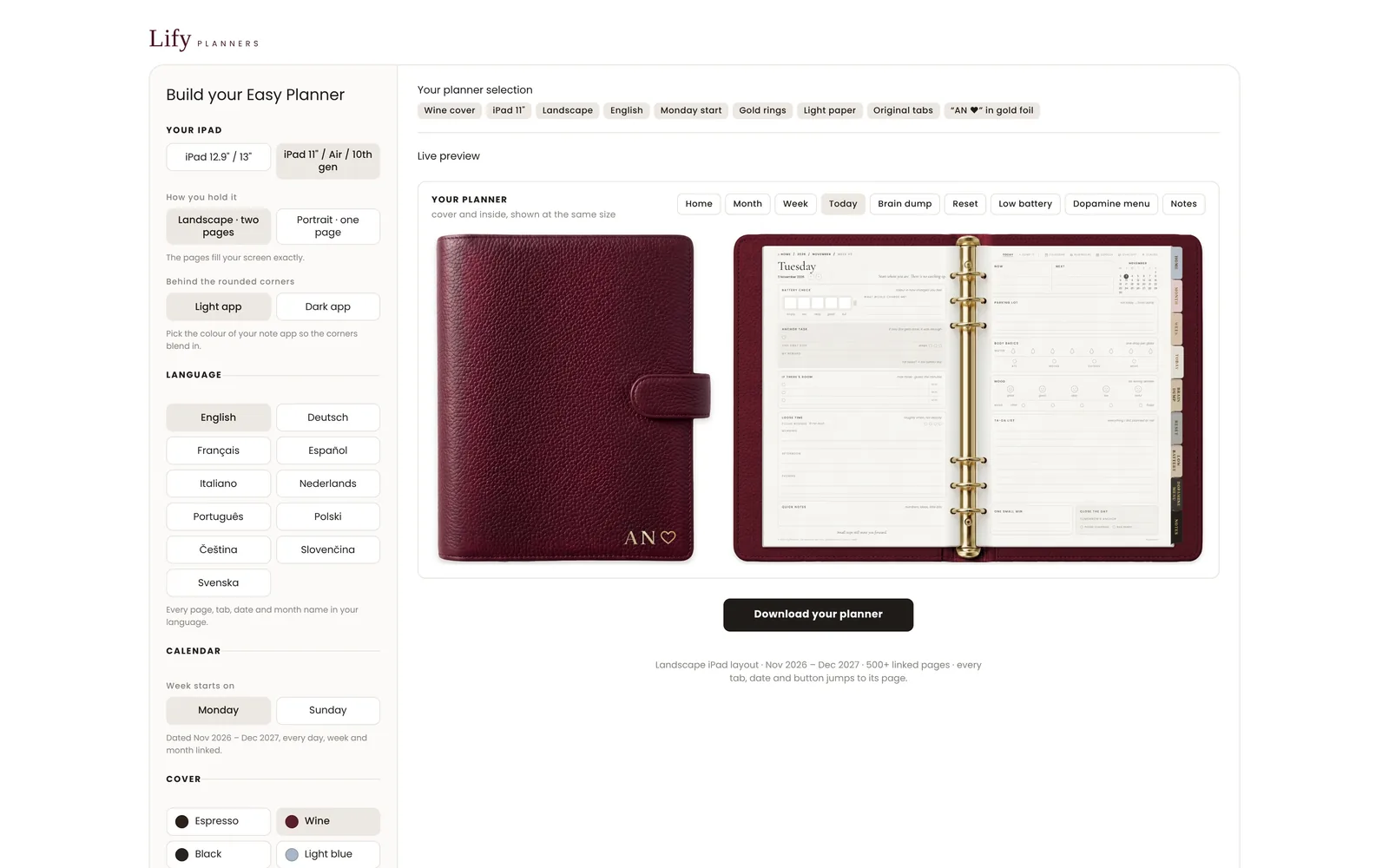 The Easy Planner Builder with cover options and a live preview